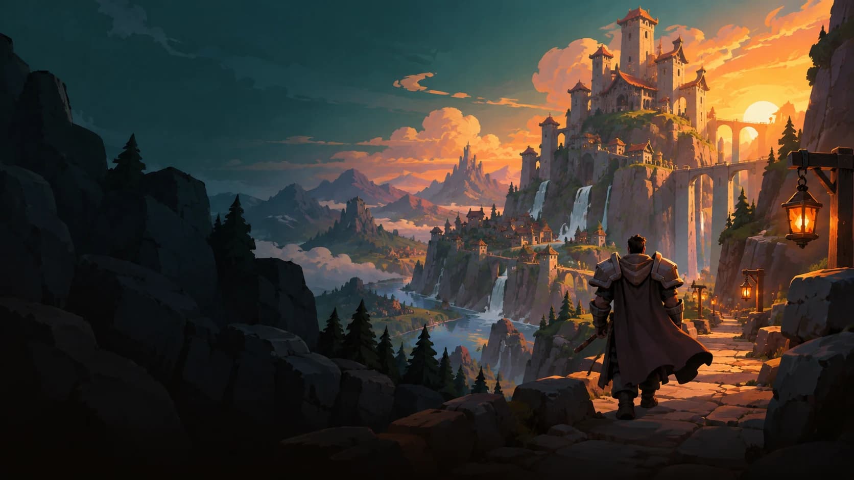 An armoured adventurer on a cliff road at sunrise, looking out at a towering fortress city