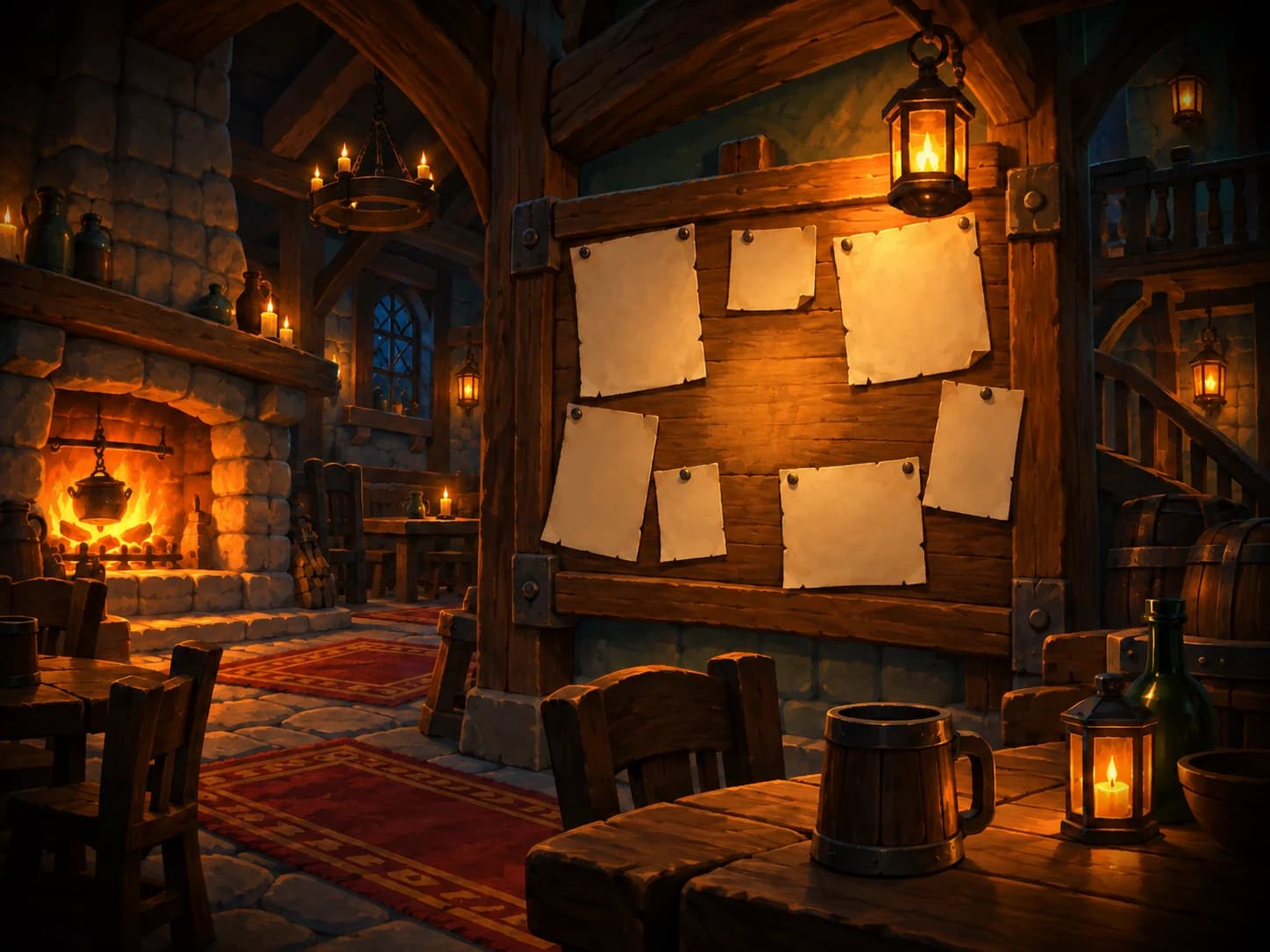 A notice board in a firelit inn, covered in blank parchment, with one lit empty space