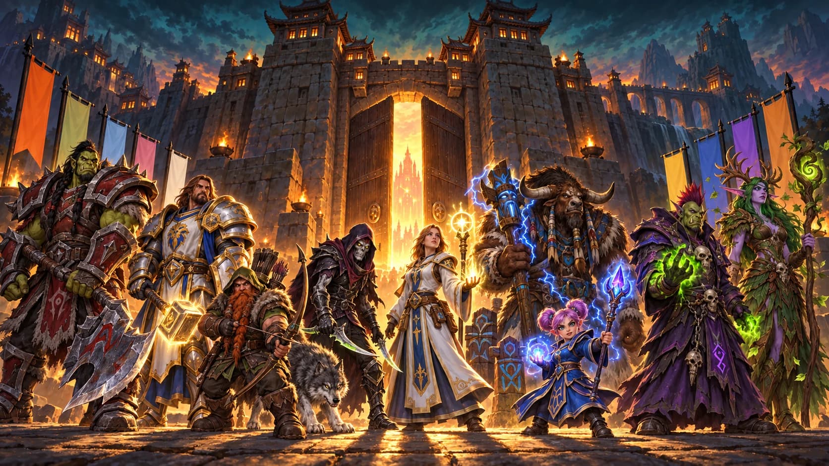 All nine classes at the gates: an orc warrior, human paladin, dwarf hunter with a wolf, undead rogue, human priest, tauren shaman, gnome mage, orc warlock and night elf druid
