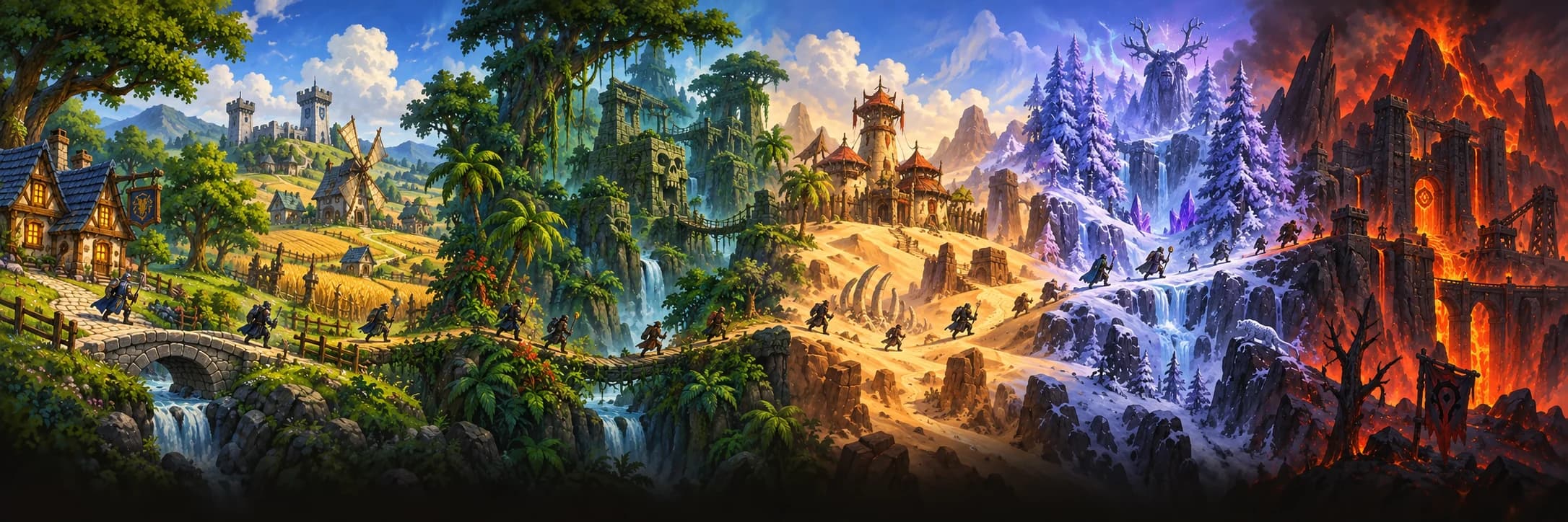 Azeroth-inspired landscapes: Elwynn Forest, Westfall, Stranglethorn, Tanaris, Winterspring and the Burning Steppes